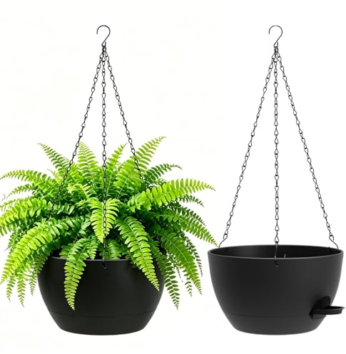 WSMKSZ 25cm Pot de Fleur Suspendu Auto arrosants, Lot de 2, Noir | Jardinières Suspendues pour Intérieur Extérieur avec Drainage et Réservoir Amovible, Suspension Plante pour Balcon, Salon