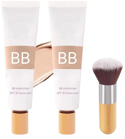 2Pcs BB Cream Tinted Moisturizer SPF 30,BB Cream Tinted Moisturiser for Mature Skin,Smooth & Hydrate Foundation with Makeup Brush,Evens Skin Tone (Natural Color)