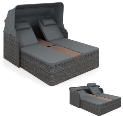 LIFEZEAL Sonnenliege 2 Personen, Gartenliege mit Verstellbarer Rückenlehne & Sonnendach, Doppelliege aus Rattan mit Kissen & Kopfstützen, Gartenbett mit Tisch & Getränkehaltern für Garten (Grau)