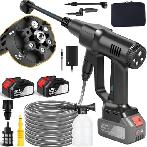 Limpiador de alta presión con batería de 60 bar con 2 baterías de 21 V y 3,0 Ah, motor sin escobillas de 1000 W, 400 L/h, 3 niveles de presión, boquilla 6 en 1 y boquilla de 180°, manguera de 5 m