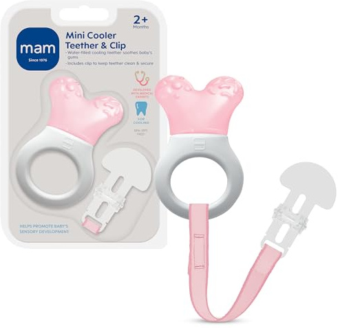 MAM Mini Cooler Baby Teether with Clip – Cooling Teething Ring for Teething Relief, Lightweight Easy-Grip Handle, Reaches Back Teeth, Refrigerator Safe Infant Teething Toy, 1 Pack, Pink