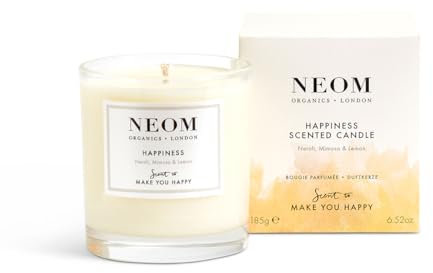 Neom- Happiness Scented Candle, 3 Wick | Essential Oil Aromatherapy Candle | Neroli, Mimosa & Lemon | Scent to Make You Happy,White,420 g (Pack of 1),1101165