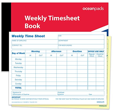 Weekly Employee Timesheet Book for Construction & Trades, Healthcare & Agency Staff, Transportation & Delivery Services. A5, Duplicate 2-Part NCR Carbonless Paper, 52 Sets per Book (Product 69783)