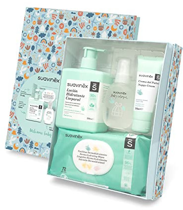 Suavinex 400468 Welcome Box Cosmetica per Neonato in Scatola Regalo, Crema Cambio Pannolino 75 ml, Lozione Idratante Corpo 500 ml, Fragranza Baby Cologne 100 ml e Salviette 72 Unità, Azzurro