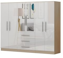 Unique Furnishings High Gloss White 6 Door Wardrobe with 3 Drawers & Full-Length Mirror, Large Bedroom Storage Cabinet, Modern Freestanding Clothes Organiser