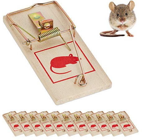 Relaxdays 12er Set Mausefalle, Klassische Mäusefallen, wiederverwendbar, giftfrei, Schlagfalle, Metallbügel, Holz, Natur
