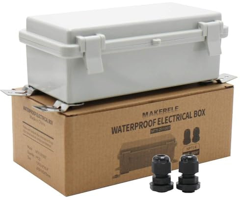 MAKERELE Small Electrical Junction Box With Cover Waterproof Outdoor Hinged Plastic Clip 7.93.92.8 (20010070mm) Outdoor Watertight DIY Electronics Enclosure with Wall Bracket and 2 NPT 1/4” Glands