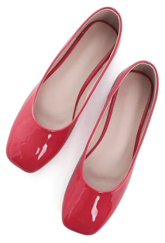ChaiRong Zhou Women's Square Toe Flats Ballerina Comfort Slip-ons Solid Patent Color Dressy Shoes Red Patent US 7.5