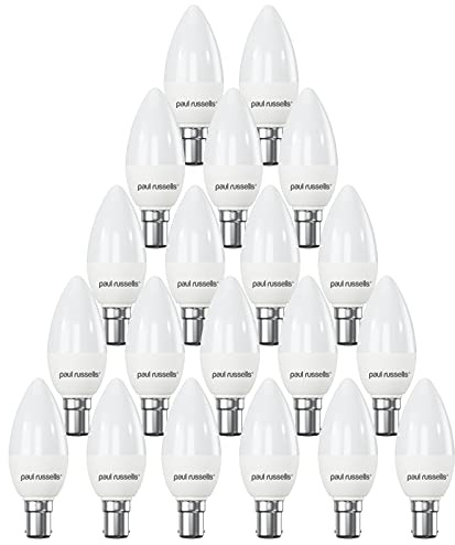 paul russells LED Light Small Bayonet Cap B15, 40watt Equivalent, 4.9W 470LM LED Bulbs, 6500K Bright Daylight, Frosted C35 SBC Candle Energy Saving Non-Dimmable Chandelier Lightbulbs, Pack of 20