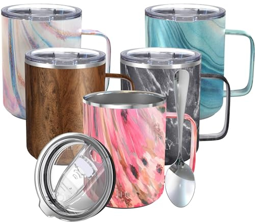 THILY Isolierte Kaffeetasse aus Edelstahl 350 ml vakuumisolierte Kaffeetasse mit Griff, auslaufsicherer Deckel, hält Kaffee kalt oder heiß, niedliches, Aquarellblume