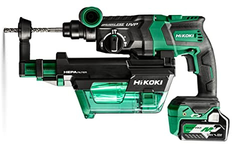HiKOKI Akku Bohr- & Meißelhammer DH36DPE (36V, 3.2 J, Staubabsaugung, Brushless, LED, Bohrtiefenmanagement, SDS-plus-Werkzeugaufnahme, Zubehör, Koffer, inkl. 2x 2.5 Ah Akku und Ladegerät))