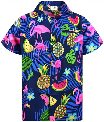 King Kameha Funky Hawaii-skjorta män kortärmad framficka fest flamingo melontryck, Flamingo melon-blå, XXL