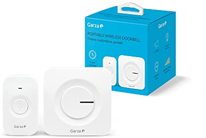 Garza - Timbre Inalámbrico Portátil, 1 pulsador + 1 receptor, Gran alcance 120 m, 54 melodías, IP56, Con indicador LED, Modo silencioso, 4 intensidades de sonido, Función memoria, Blanco