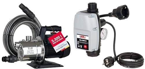 T.I.P. 30094 Gartenpumpe Edelstahl Clean Jet 1000 Plus mit 4m Ansauggarnitur (3.300 l/h Fördermenge, Förderhöhe max. / Druck max. 46 m / 4,6 bar + T.I.P. Elektronische Pumpensteuerung BRIO 2000 M