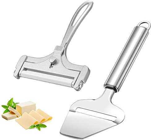Filhome Cheese Slicer Set - 2 PCS Butter Cutter With Wire and Plane, Adjustable Thickness Scraper Server for Soft, Semi-Hard, Hard Cheeses - Stainless Steel Kitchen Cooking Tool