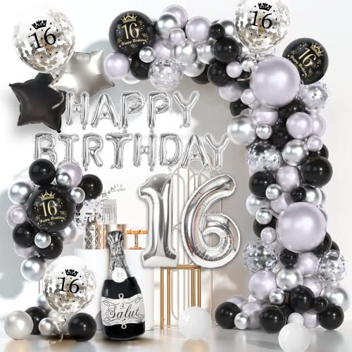 Deko 16 Geburtstag Junge Mädchen, Deko 16. Geburtstag Junge Schwarz Silber, Geburtstagsdeko 16 mit Happy Birthday Balloon, Konfetti Luftballons für Geburtstagsdeko Mann, Silver16