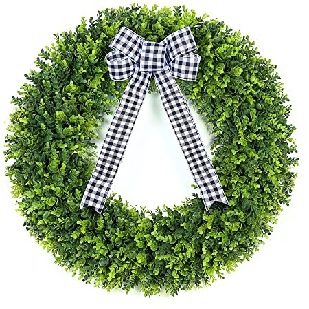 Vlorart 32 Faux Round Boxwood Wreath, Artificial Large Boxwood Wreath Front Door Wreaths Artificial Spring Summer Greenery Hanging with A Plaid Bow for Villa Wall Hanging Window Wedding Party Decor