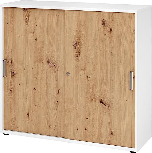bümö Schiebetürenschrank 3OH - Aktenschrank abschließbar, Sideboard Schrank mit Schiebetüren in Weiß/Asteiche, Streifengriff - Büroschrank aus Holz mit Schiebetür, Büro Kommode für Ordner & Co.