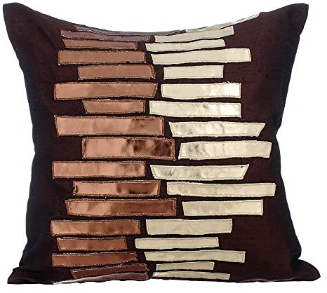 The HomeCentric Braun dekokissen, Metallisches Leder Lederner Applique deko kissenbezuge, 2 Stück, 40x40 cm dekokissen, Platz Seide Sofa kissenbezuge, Gestreift Modern sofakissen - Metallic Ladder
