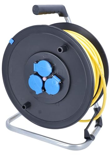 as - Schwabe Kabeltrommel 50 m Panzerleitung K35 AT-N07V3V3-F 3G1,5 gelb, 3 Schutzkontaktdosen mit Klappdeckel, Schutzkontaktstecker, Outdoor, IP44, blau, Made in Germany, 11005