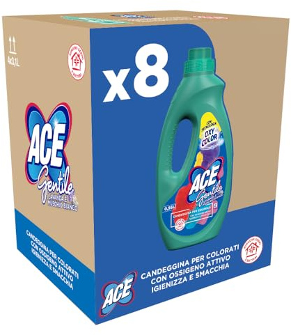 ACE Gentile Profumo di Lavanda – Candeggina Delicata per Capi Colorati, Formula Oxy-Color Igienizzante e Smacchiante, Protegge i Tessuti Colorati, con Delicato Profumo di Lavanda, 8 Flaconi da 0,95 Lt