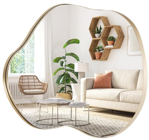 COSTWAY Miroir Mural Décoratif, Miroir Mural Moderne avec Cadre Métallique, Miroir HD Suspendu en Forme Irrégulière, pour Entrée, Salon, Salle de Bain, Chambre (Or, 56 x 78 CM)