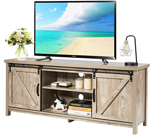 CASART Wooden TV Cabinet, 3 Tier TV Console Table with Sliding Barn Doors and Shelves, Rustic Media Entertainment Center for Living Room Bedroom Office (Grey Wash) | Sliding Barn Doors and Shelves, Rustic Media Entertainment Center for Living Room Bedroom Office