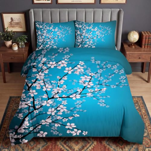 Housse de Couette 240x220 cm Fleurs de Cerisier du Japon, Parure de Lit 2 Personnes avec 2 Taies d'Oreiller 65x65 cm, Imprimé Floral Zen Réversible en Microfibre Douce et Respirante, Bleu Turquoise