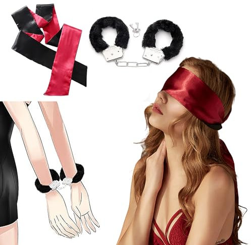Satin Augenbinde Augenmaske Blindfold Seiden Schlafmaske Schlafbrille Weiche Spielsatin Augenmaske mit Metall Handschellen mit Plüsch Handfesseln Sex-Spielzeug für Paare Bondage Handschelle Set