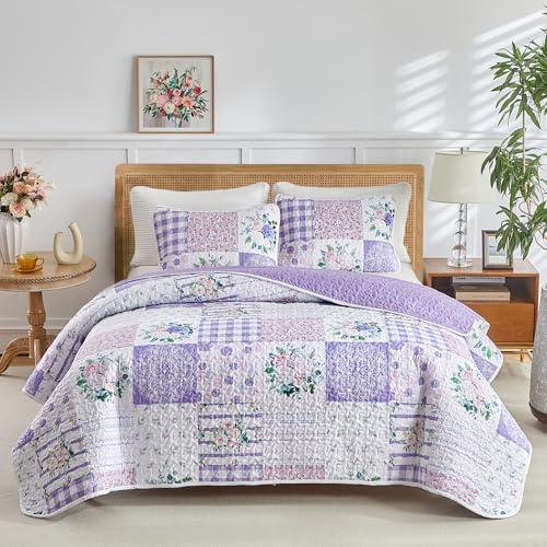 Joyreap 3-teiliges Patchwork-Steppdecken-Set mit floralem Muster, California-King-Size-Bett, 259,1 x 289,6 cm, lila und rosa Blumen-Design, weiche und gemütliche Mikrofaser-Steppdecke, Tagesdecke,