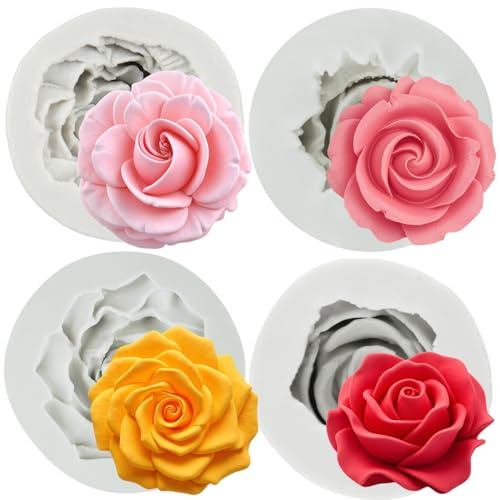 MYPRACS Blumen-Silikonformen 3D Rosen-Blumen-Fondant-Silikonformen für Kuchendekoration, Cupcake-Topper, Polymer-Ton, Süßigkeiten, Schokolade, Gumpaste, 4er-Set