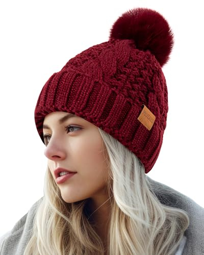 PIOZAED Women's Winter Pompom Beanie Warm and Cozy Knit Hat Fleece Lining Skull Cap for Women