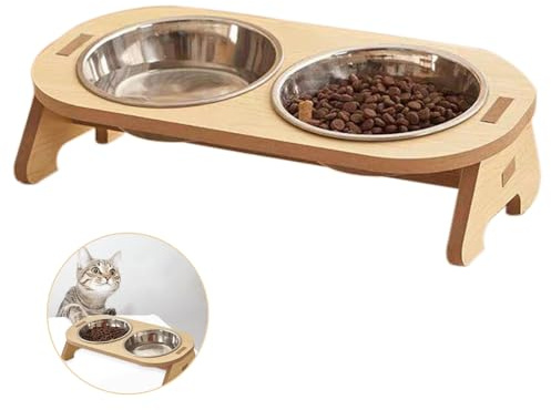 Futternapf Katze，Suuwwn Katzennapf Erhöht mit 15° Neigung Design Erhöhter Katzennapf mit Holz Ständer Erhöhte Schüssel aus Edelstahl Katzenfutternapf für Futter und Wasser für Katzen und kleine Hunde