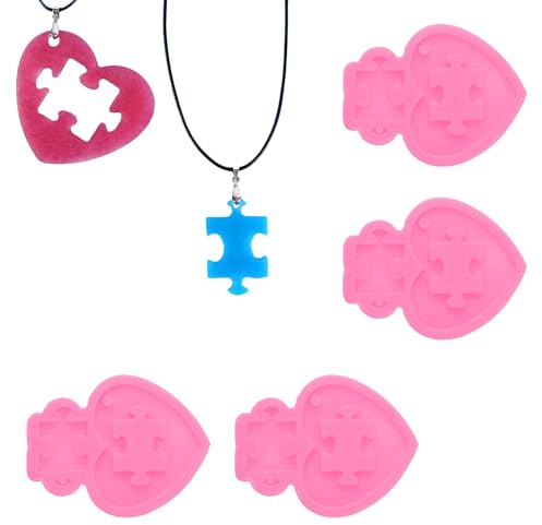 sourcing map 4 moldes de resina de rompecabezas, kit de moldes epoxi de silicona con agujero para colgantes, llaveros, adornos, joyas, manualidades, manualidades, manualidades, color rosa