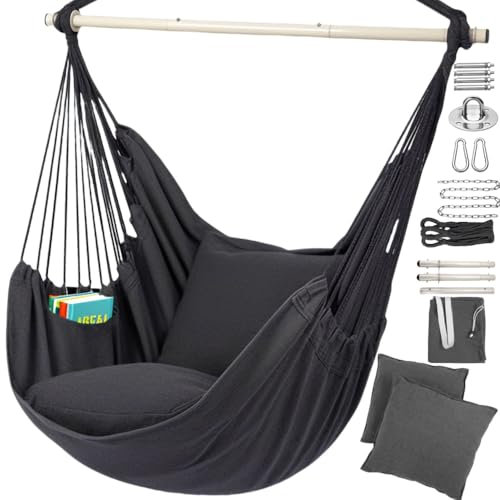 Hängstol utomhus för balkong och trädgård, hängstol med 2 kuddar och monteringstillbehör, hängande gunga utan ram inomhus och utomhus, koppla av, läsa – grå
