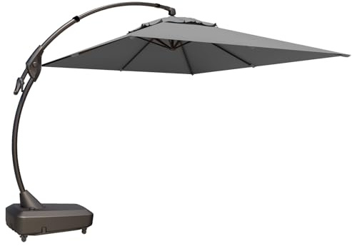 Grand patio Sonnenschirm mit Schirmständer und Abdeckhauben, Rechteckige Offset Regenschirm 2.7×3.6M, UV-Schutz UPF 50+, Marktschirm mit Kurbel & Schirmhülle, für Garten, Balkon, Terrass (Grau)