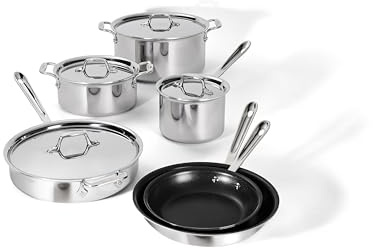 All-Clad D3 3 Ply Stainless Steel Nonstick Bonded Cookware Set 10 Piece, Oven Broiler Safe 600F, Kitchen Cooking Set w/Frying Pan, Sauce Pan, Saute Pan, Stockpot, Professional Pots & Pans Set Silver