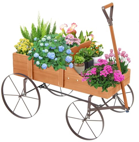 GOPLUS Carrito de Madera para Planta con 4 Ruedas Metal y Mango, Macetero Decorativo Exterior con 2 Compartimentos, Jardinera Interior Colocar Regalos,62 x 34 x 61cm (Natural)