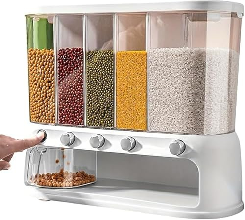 Urban London Grain Dispenser Square 5-Compartment Kitchen Storage Reusable Container with Measuring Cup Flip-Top Seal for Grains Beans Rice Sugar 42x34x18cm