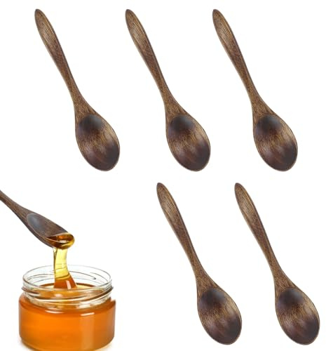 5 cuillères à miel en bois fabriquées à la main - Petite cuillère à soupe Nanmu naturelle - Pour mixage, anneau de brassage, cuisine, chocolat chaud, miel, café, thé, accessoire de cuisine