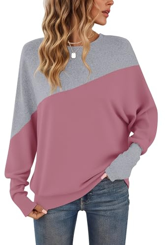 WNEEDU Haut Color Block pour Femme Pull à Manches Longues et col Rond | Haut style patchwork Tunique décontractée pour femme Sweat-shirt d'automne