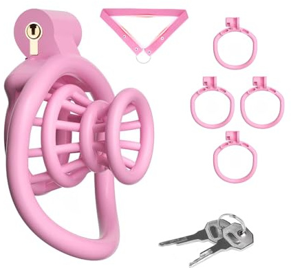 Cage de Chasteté pour Pénis Sex Toýs Homme Chastity Cage Inversée avec Ceinture et 4 Anneaux Différents Cage de Chastetée Légère avec Verrous pour Immobiliser le Pénis d'un Homme (Pink,B)