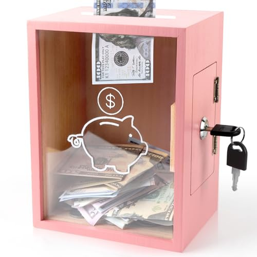Mczcent Clear Piggy Bank with Lock, Large Money Saving Jar Money Bank Box Container for Cash Saving, Openable Clear Money Coin Change Bank Jar Container Penny Piggy Jar Bank for Adults Kids, Pink