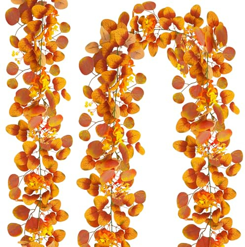 TINA Herbst Girlande Herbstblätter, 2 Stück Künstliche Eukalyptus Girlande 180cm, Herbst Deko Kunstpflanze Eukalyptus Pflanze Künstliche Herbstdeko Herbstgirlande für Innen Draußen Hochzeit Party