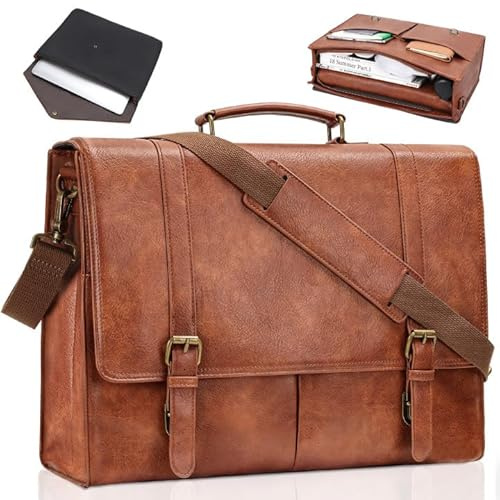 Estarer Laptop-Umhängetasche, 39,6 cm (15,6 Zoll), PU-Leder, große Umhängetasche, für Business, Büro, Schule (braun)