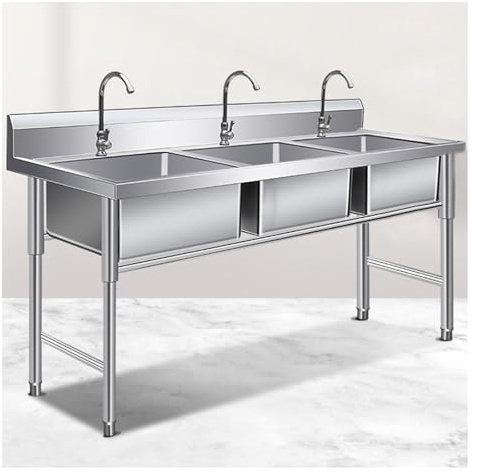 Fregadero triple independiente de acero inoxidable con protector contra salpicaduras elevado, diseño de esquina R para uso comercial e industrial