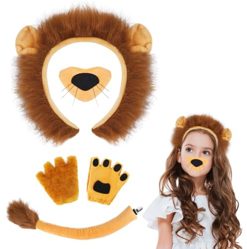 AOOWU Parti av 4 lejonkostymer med bandana, svans, näsa och plyschhandskar för födelsedag, karneval, Halloween, cosplay, fest och djungel
