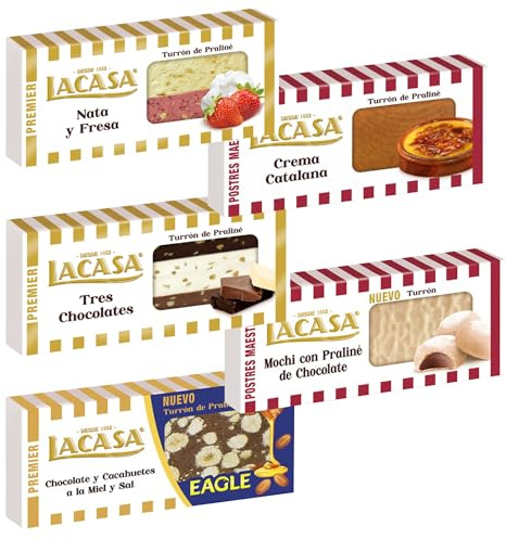 Pack Surtido 5 Turrones Lacasa:Crema Catalana, Nata y Fresa, Tres Chocolates, Mochi con Praliné de Chocolate,Cacahuete Eagle