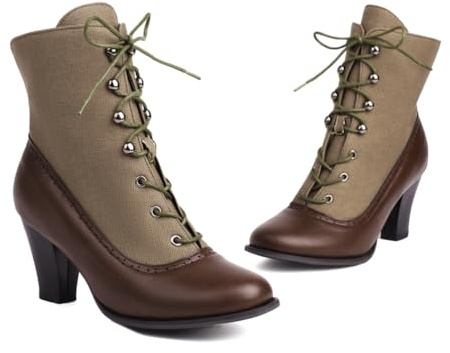 KUHAOFEU Punta Redonda Botas Vintage De Mujer, Tacón Bajo Botines con Cordones Ycremallera Lateral,Marrón,36 EU
