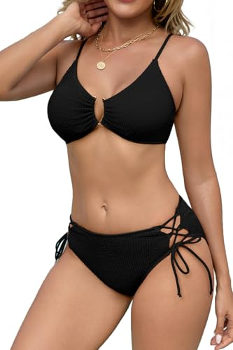 SHEKINI Sexy 2 Piece Bikini Sets for Women Ribbed High Cut Bathing Suit Macaron Color Block Swimsuit U-Wire Tie Swimwear, Black, X-Large